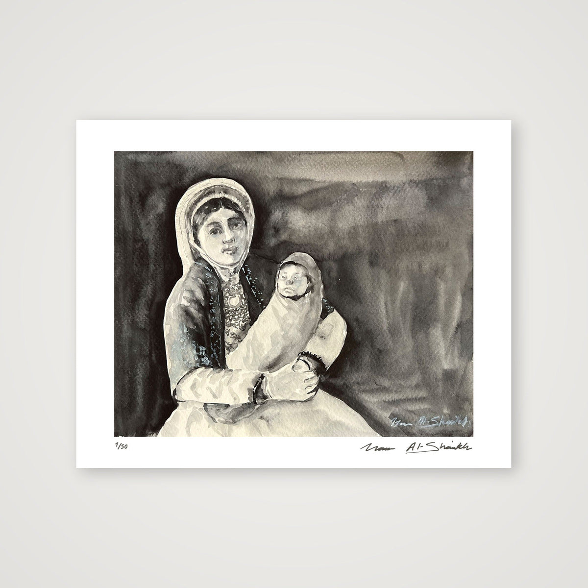 Traditional Palestinian Thobe 15 | Black & White — 35×28cm, 14×11" Print only