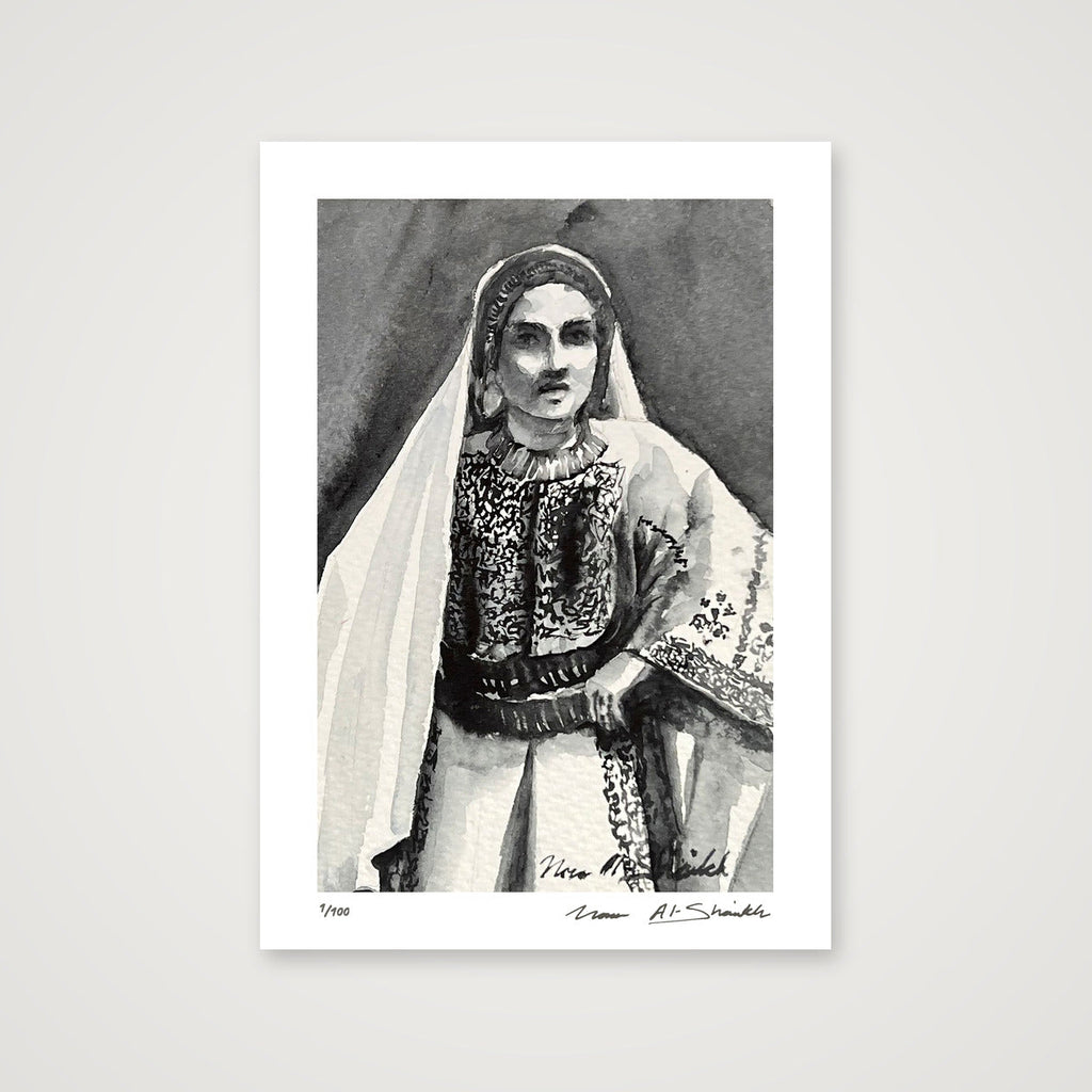 Traditional Palestinian Thobe 13 | Black & White — A4 (21×30cm, 8×12") Print only