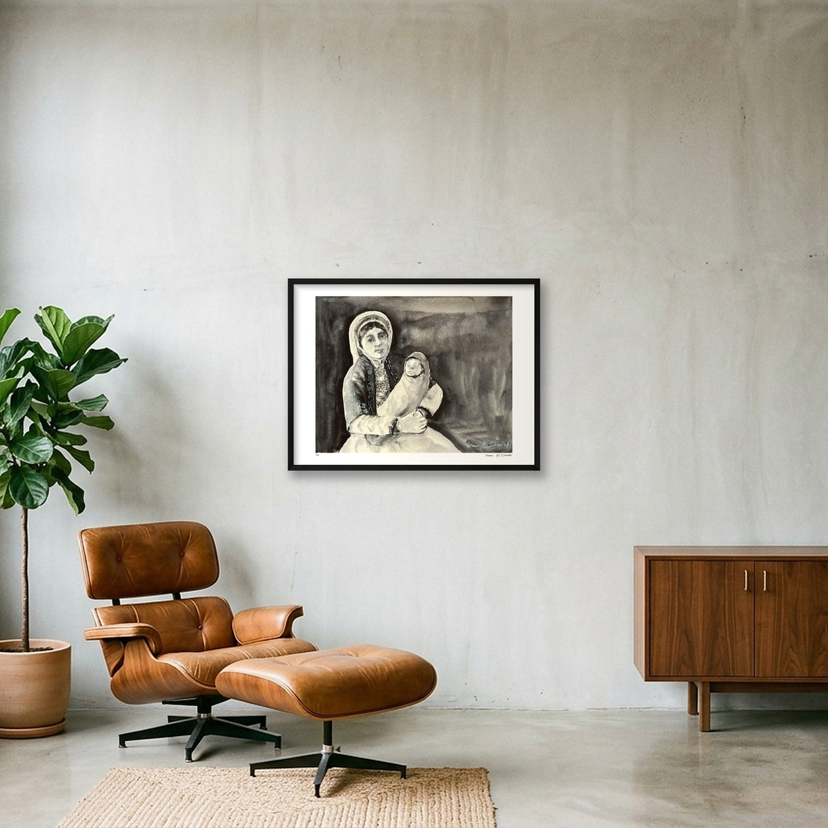 Traditional Palestinian Thobe 15 | Black & White — 80×60cm, 31×24" Black Frame