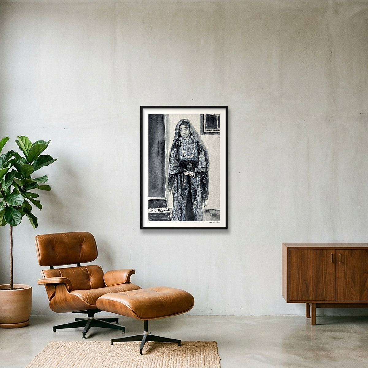 Traditional Palestinian Thobe 09 | Black & White — 70×100cm, 28×39" Black Frame