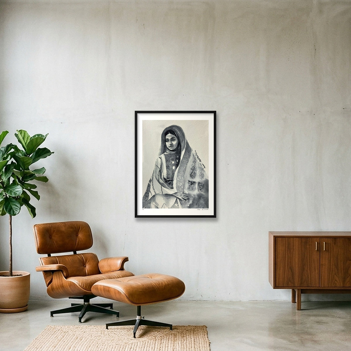 Traditional Palestinian Thobe 03 | Black & White — 60×80cm, 24×31" Black Frame