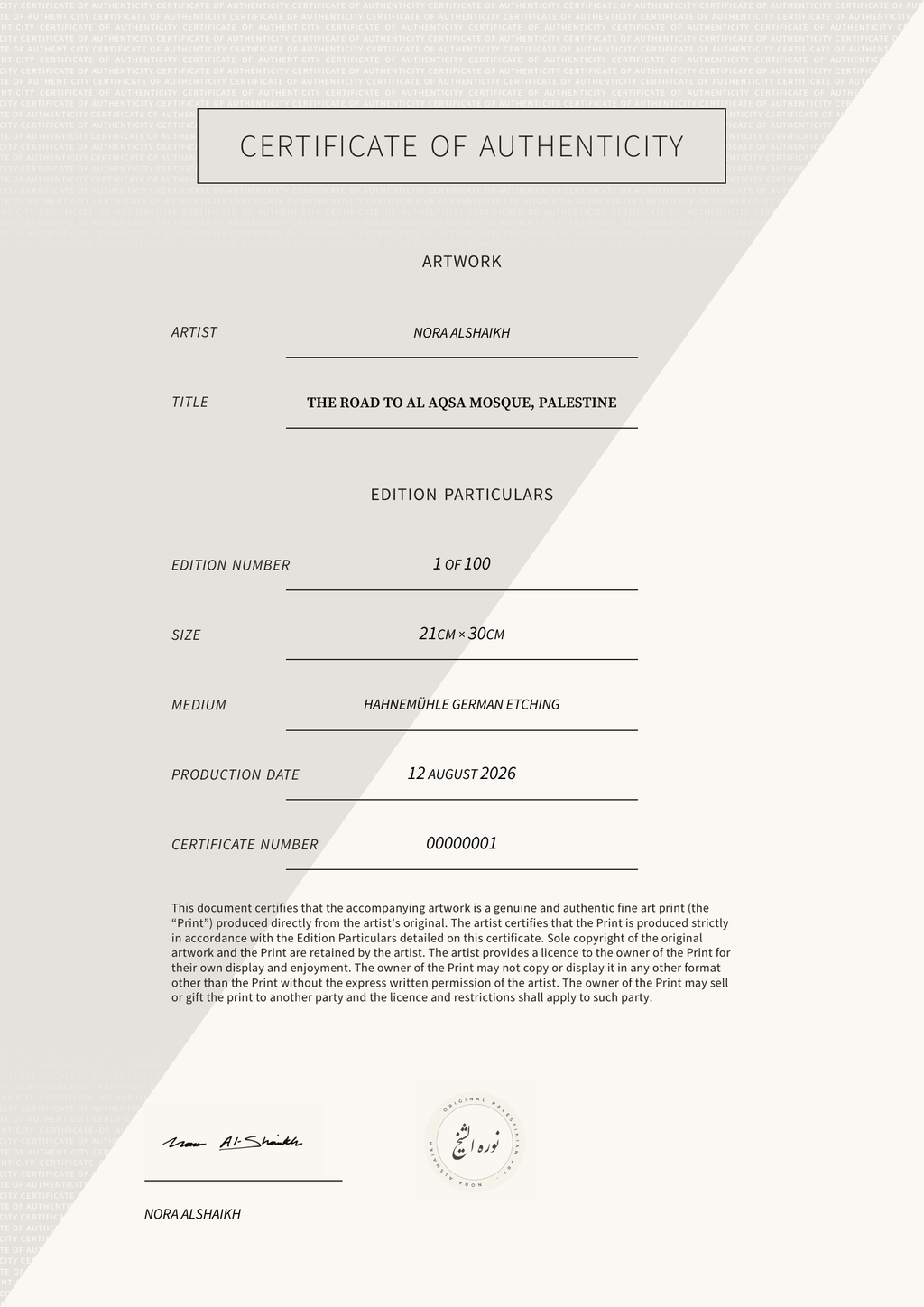 The Road to al Aqsa Mosque, Palestine — Certificate of Authenticity
