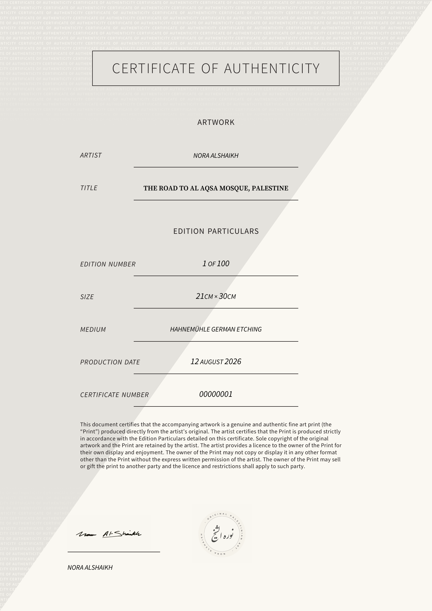 The Road to al Aqsa Mosque, Palestine — Certificate of Authenticity