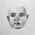 A detailed black and white pencil sketch of a baby's face, showing expressive eyes, delicate hair, and soft shading on a light background.