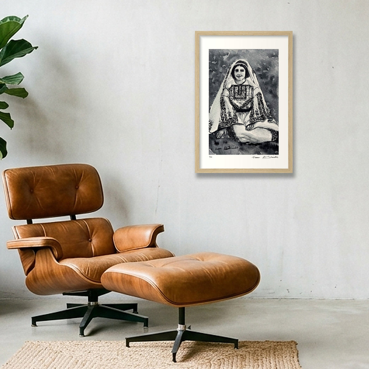 Traditional Palestinian Thobe 10 | Black & White — 30×45cm, 12×18" Oak Frame