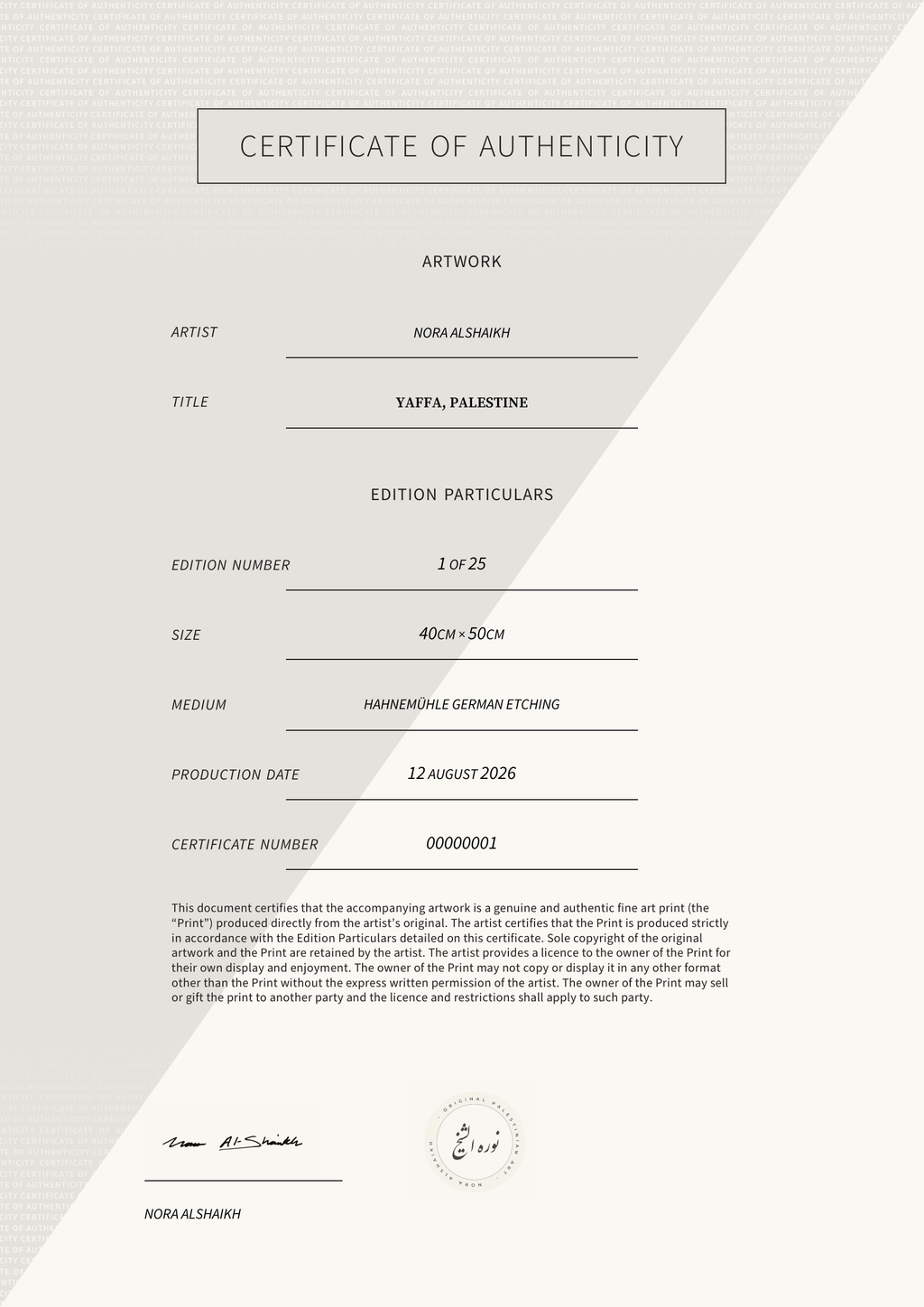 Yaffa, Palestine — Certificate of Authenticity