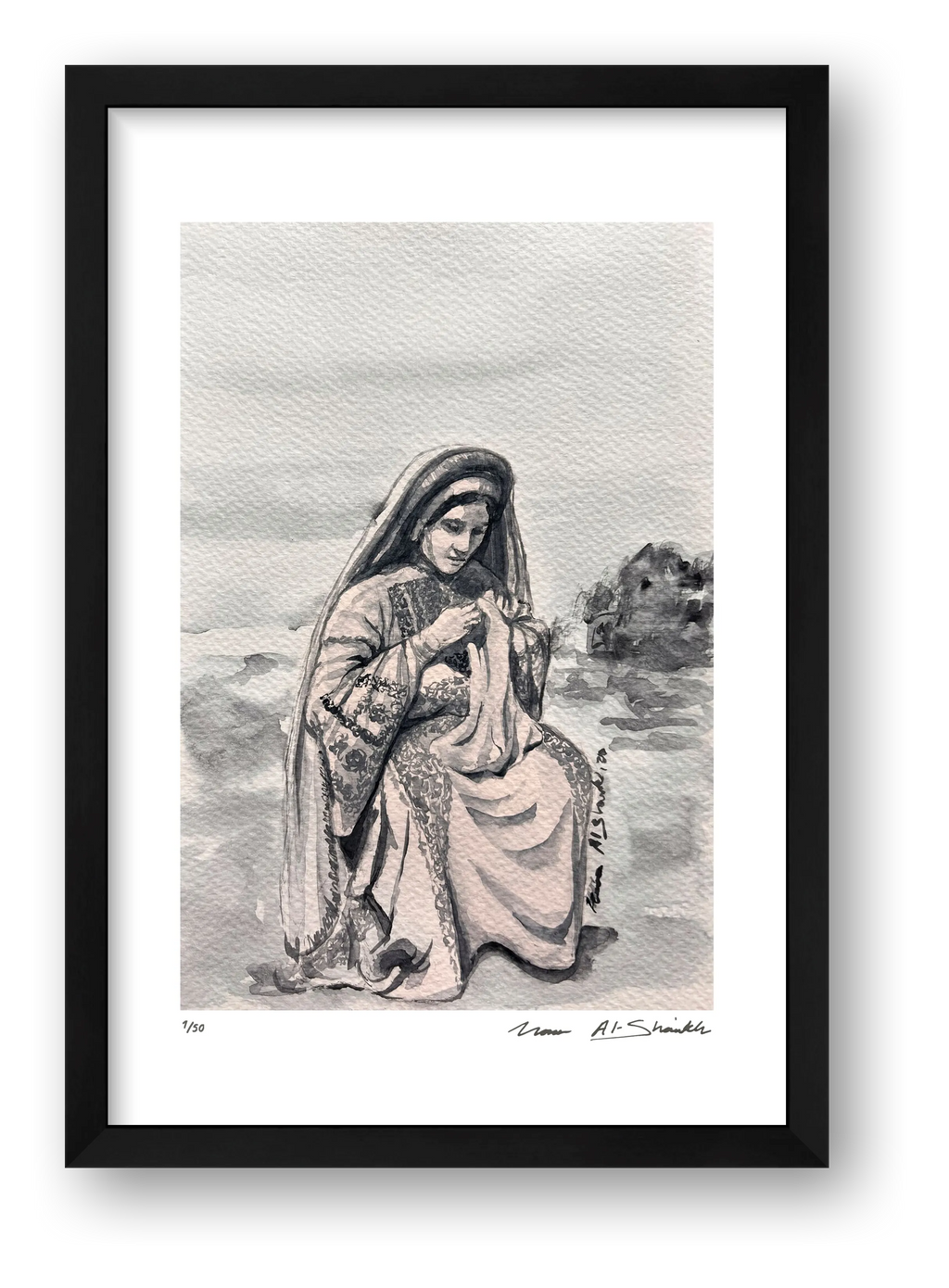 Traditional Palestinian Thobe 04 | Black & White — framed