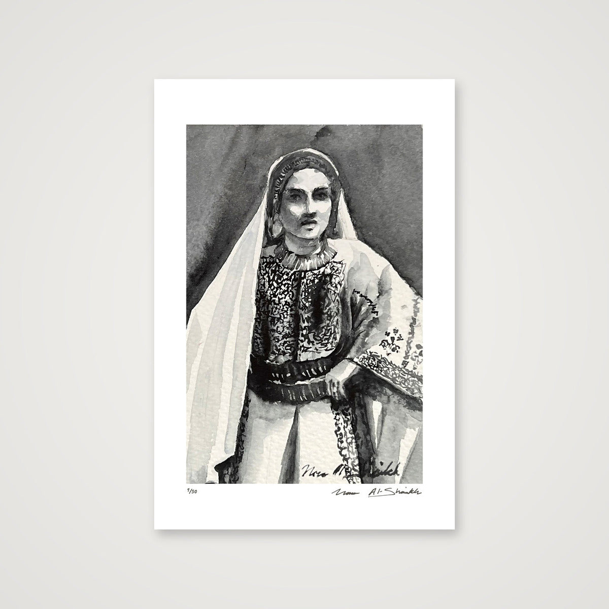 Traditional Palestinian Thobe 13 | Black & White — 30×45cm, 12×18" Print only