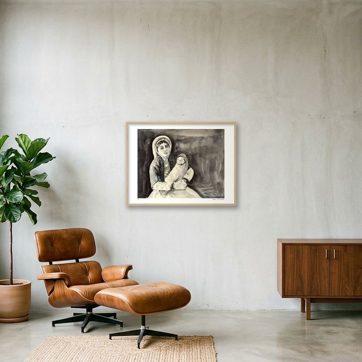 Traditional Palestinian Thobe 15 | Black & White — 80×60cm, 31×24" Oak Frame