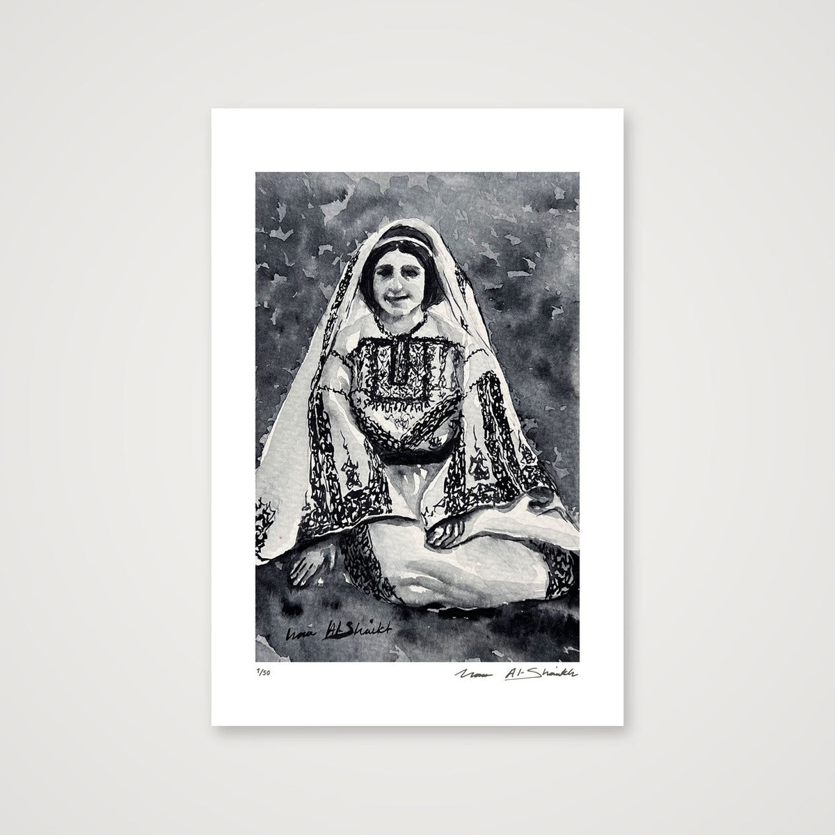 Traditional Palestinian Thobe 10 | Black & White — 30×45cm, 12×18" Print only