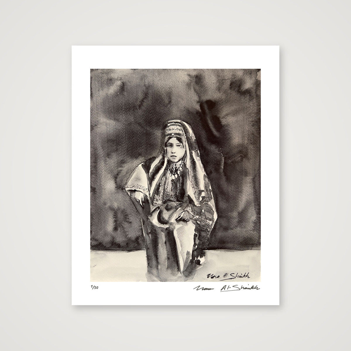 Traditional Palestinian Thobe 16 | Black & White — 28×35cm, 11×14" Print only