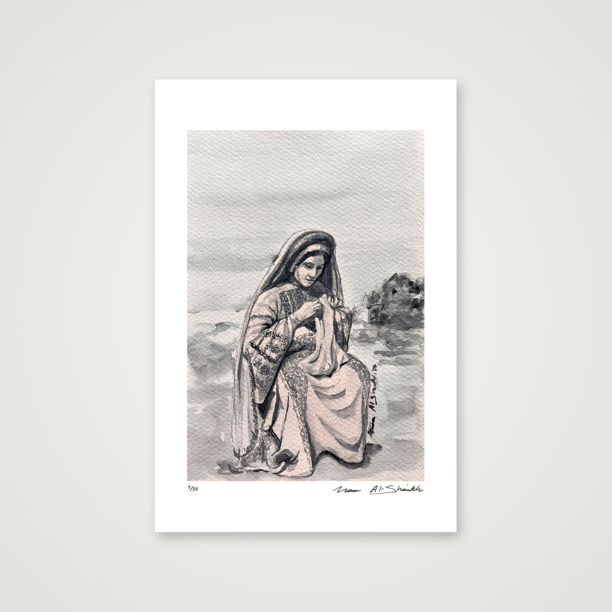 Traditional Palestinian Thobe 04 | Black & White — 30×45cm, 12×18" Print only