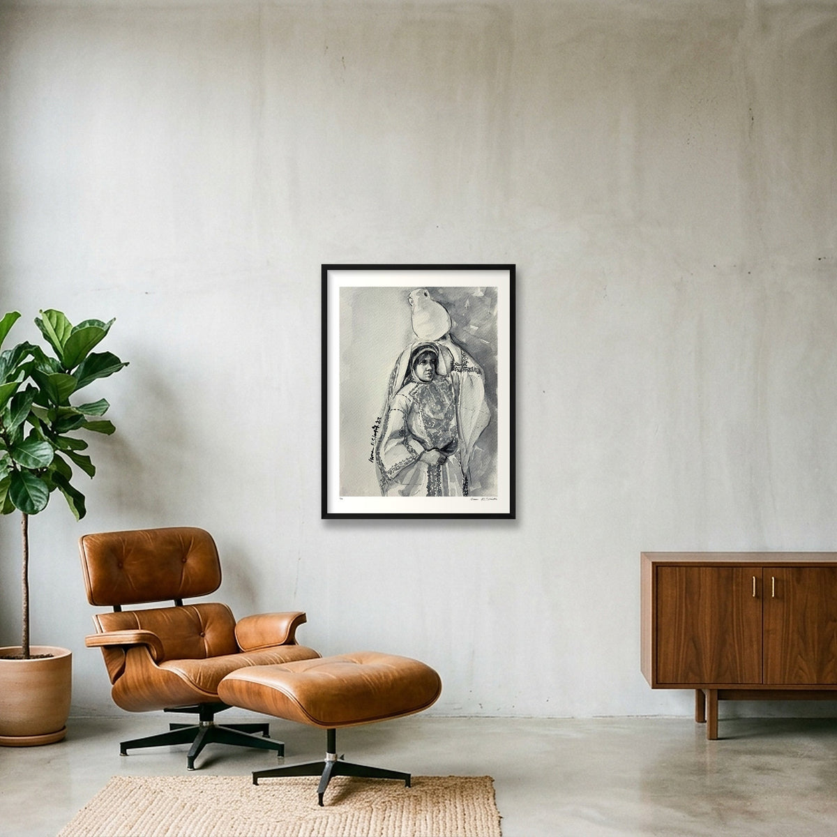 Traditional Palestinian Thobe 01 | Black & White — 60×80cm, 24×31" Black Frame