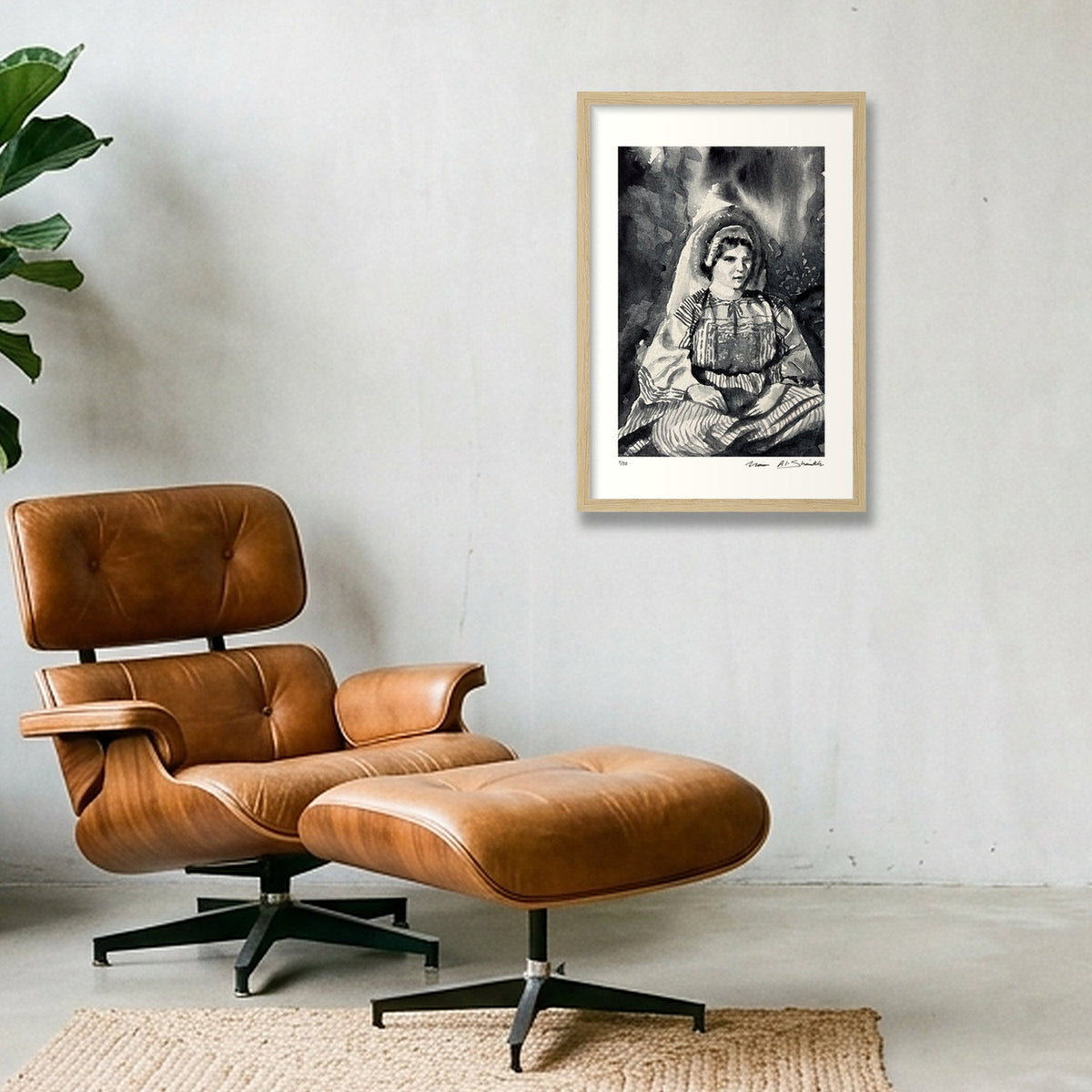 Traditional Palestinian Thobe 08 | Black & White — 30×45cm, 12×18" Oak Frame