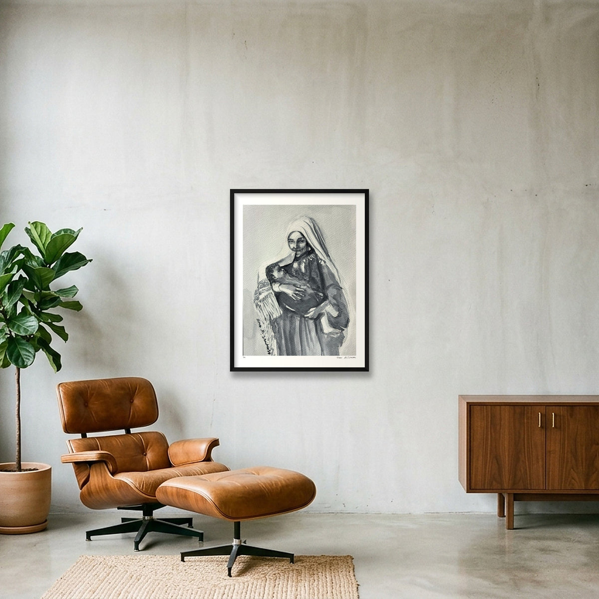 Traditional Palestinian Thobe 02 | Black & White — 60×80cm, 24×31" Black Frame
