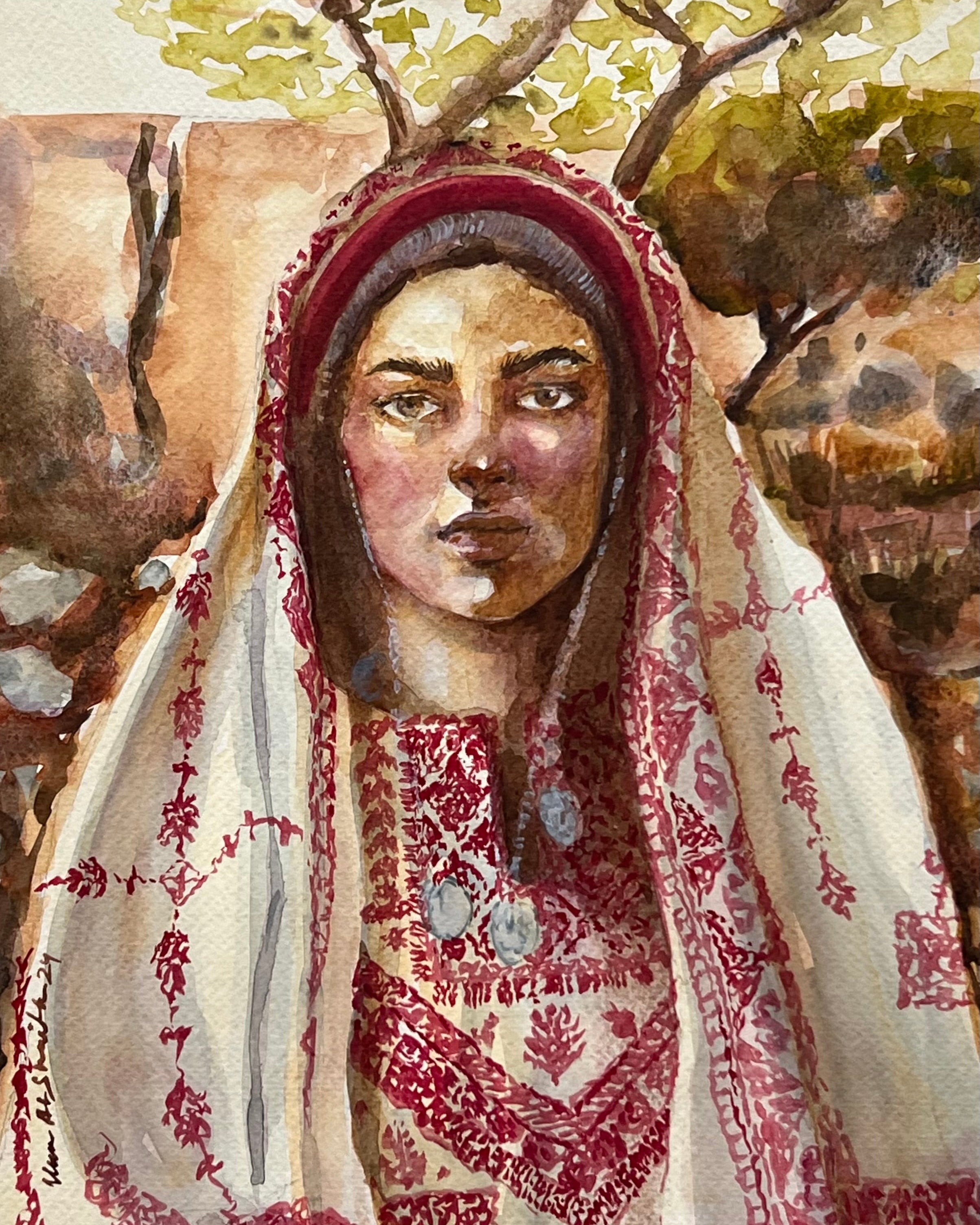Watercolor portrait painting of a woman wearing a white embroidered veil and red patterned clothing, set against a soft-focus background of trees and earthy tones.