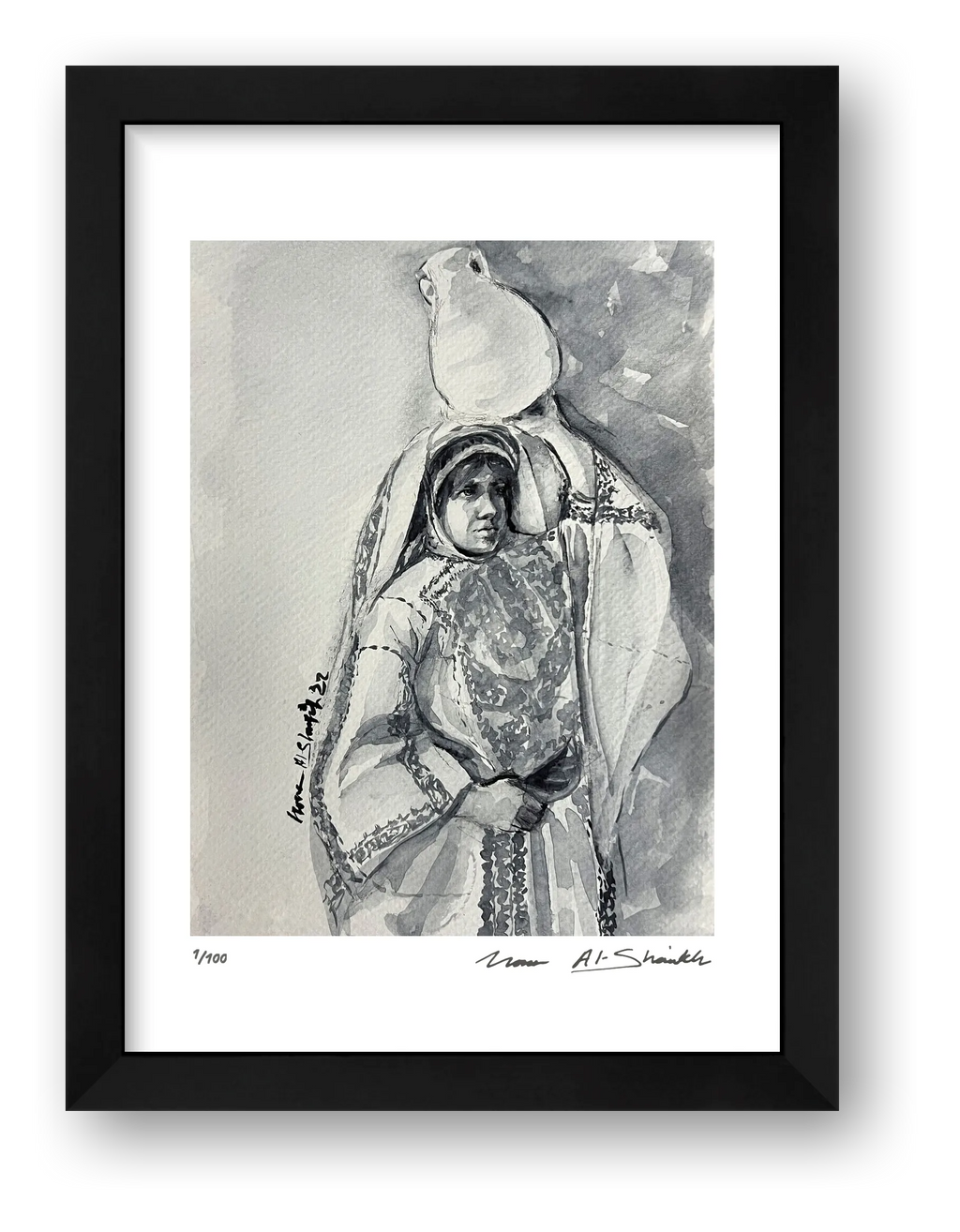 Traditional Palestinian Thobe 01 | Black & White — framed