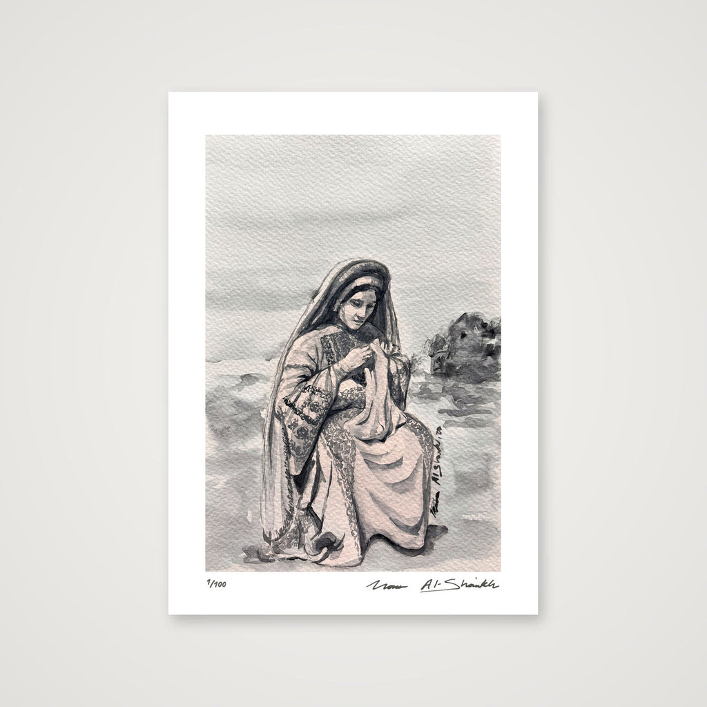 Traditional Palestinian Thobe 04 | Black & White — A4 (21×30cm, 8×12") Print only