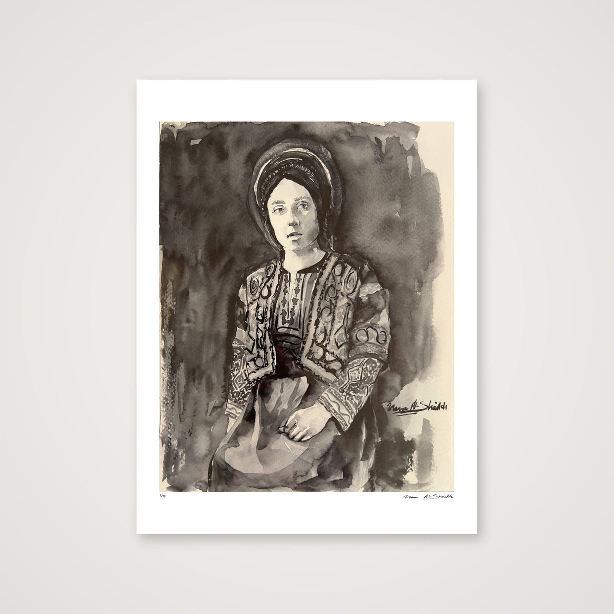 Traditional Palestinian Thobe 17 | Black & White — 60×80cm, 24×31" Print only