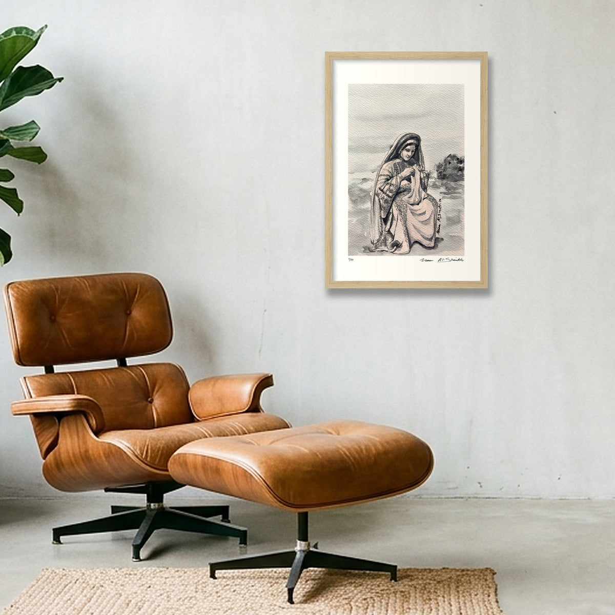 Traditional Palestinian Thobe 04 | Black & White — 30×45cm, 12×18" Oak Frame