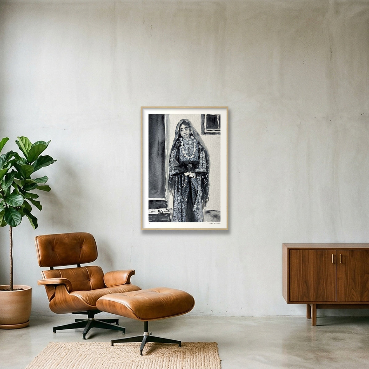 Traditional Palestinian Thobe 09 | Black & White — 70×100cm, 28×39" Oak Frame