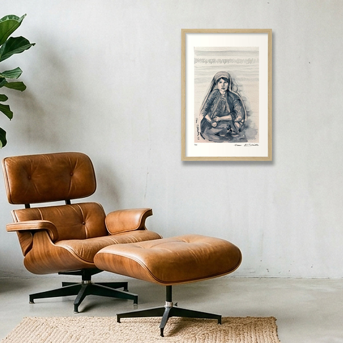 Traditional Palestinian Thobe 05 | Black & White — 30×45cm, 12×18" Oak Frame