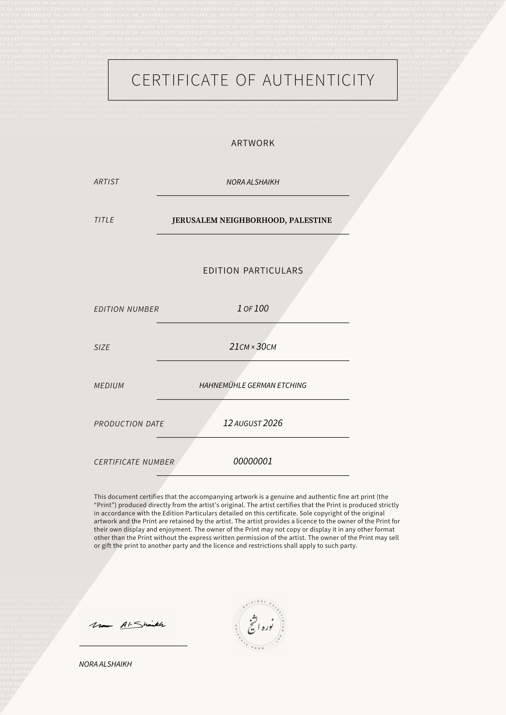 Jerusalem Neighborhood, Palestine  — Certificate of Authenticity