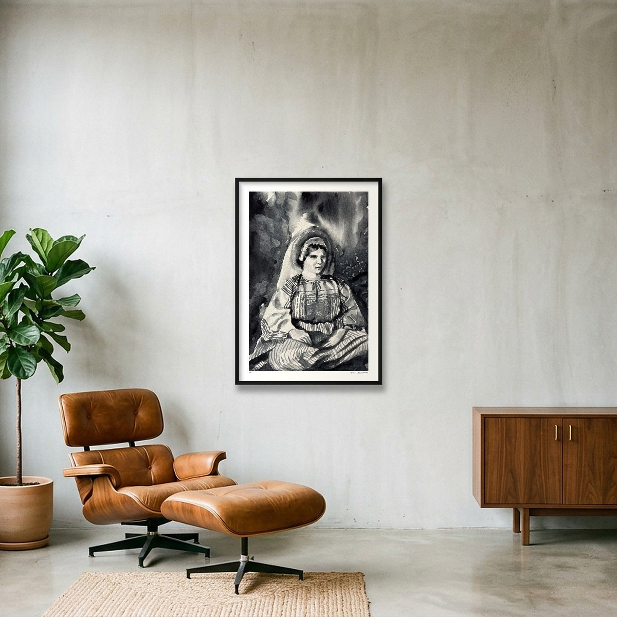 Traditional Palestinian Thobe 08 | Black & White — 70×100cm, 28×39" Black Frame