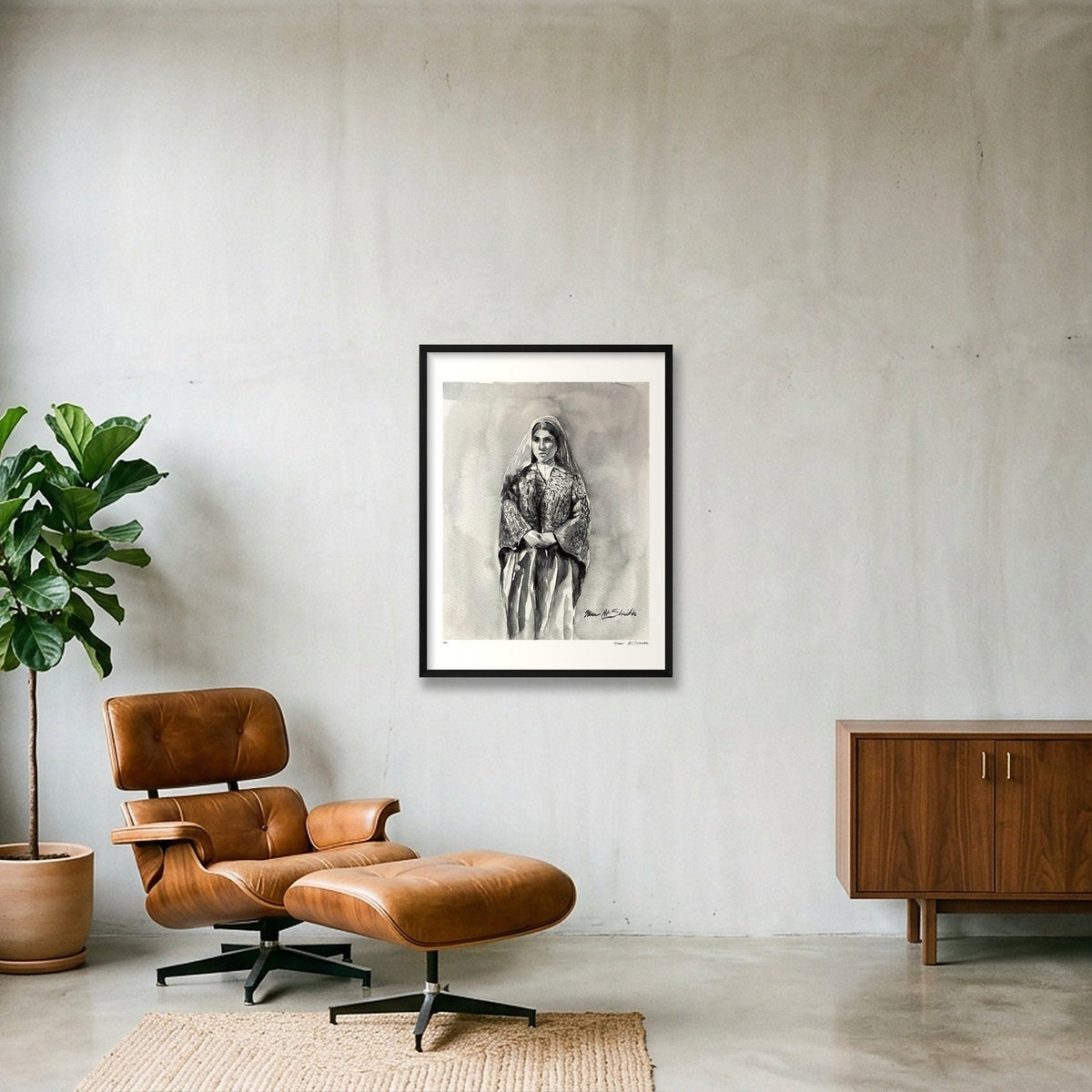 Traditional Palestinian Thobe 14 | Black & White — 60×80cm, 24×31" Black Frame