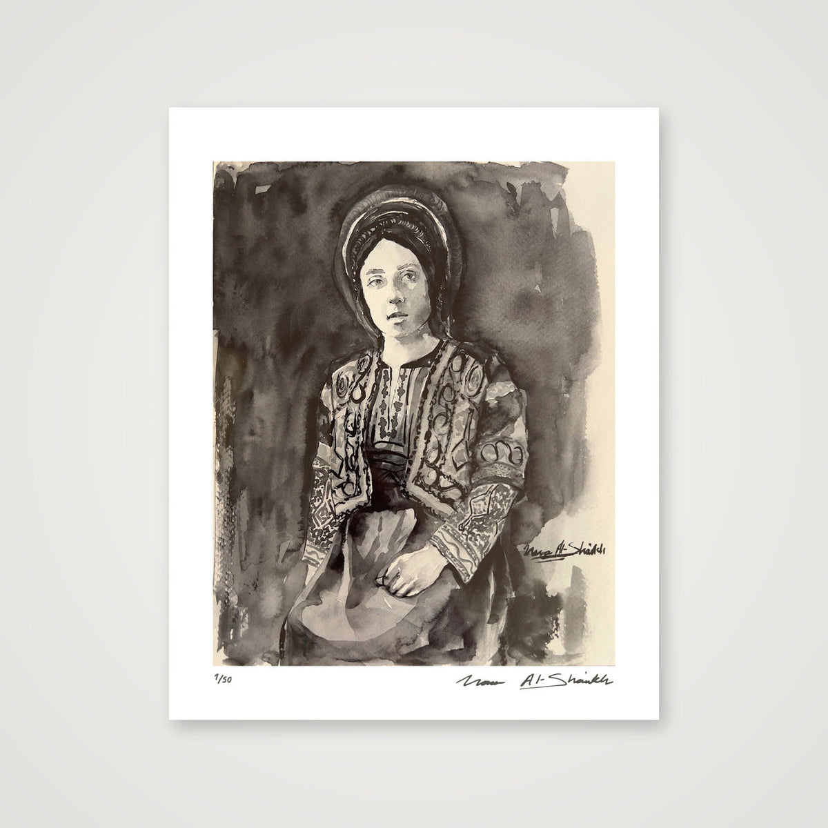 Traditional Palestinian Thobe 17 | Black & White — 28×35cm, 11×14" Print only