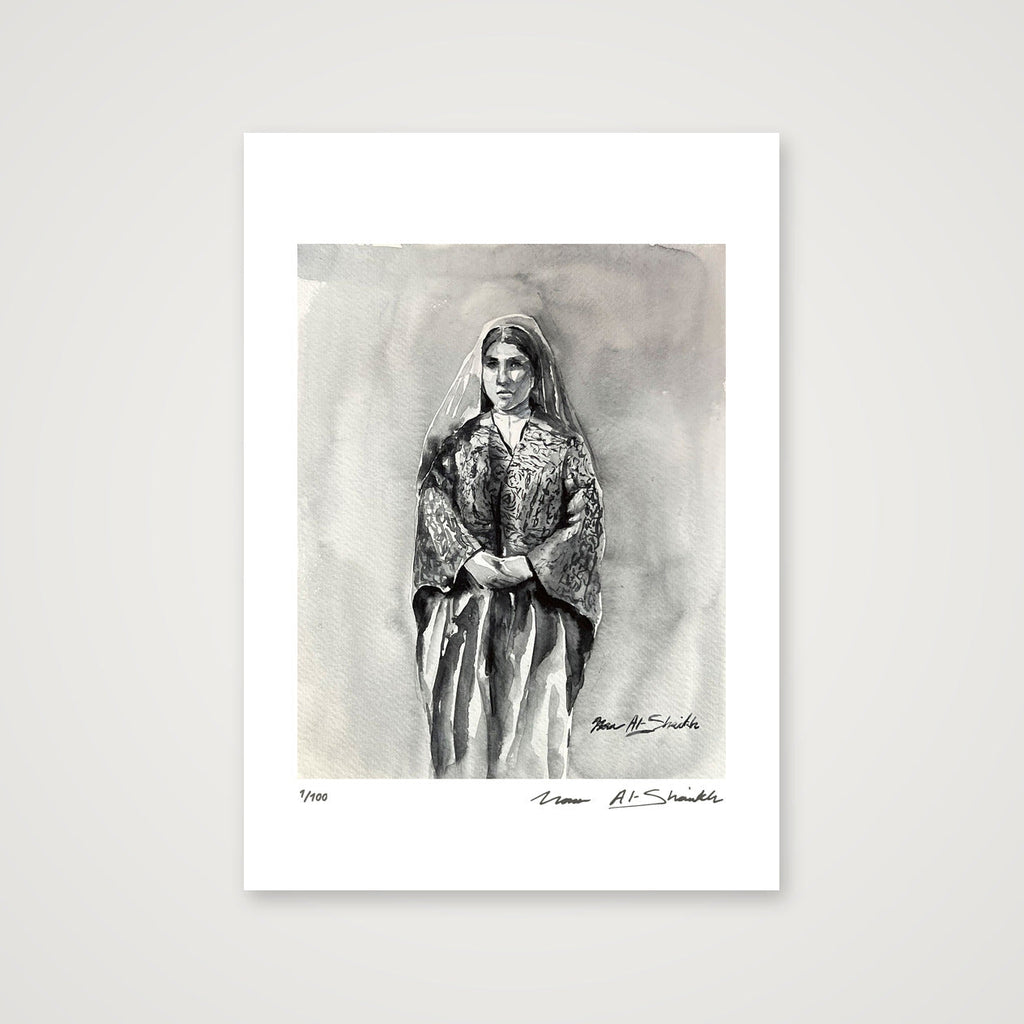 Traditional Palestinian Thobe 14 | Black & White — A4 (21×30cm, 8×12") Print only