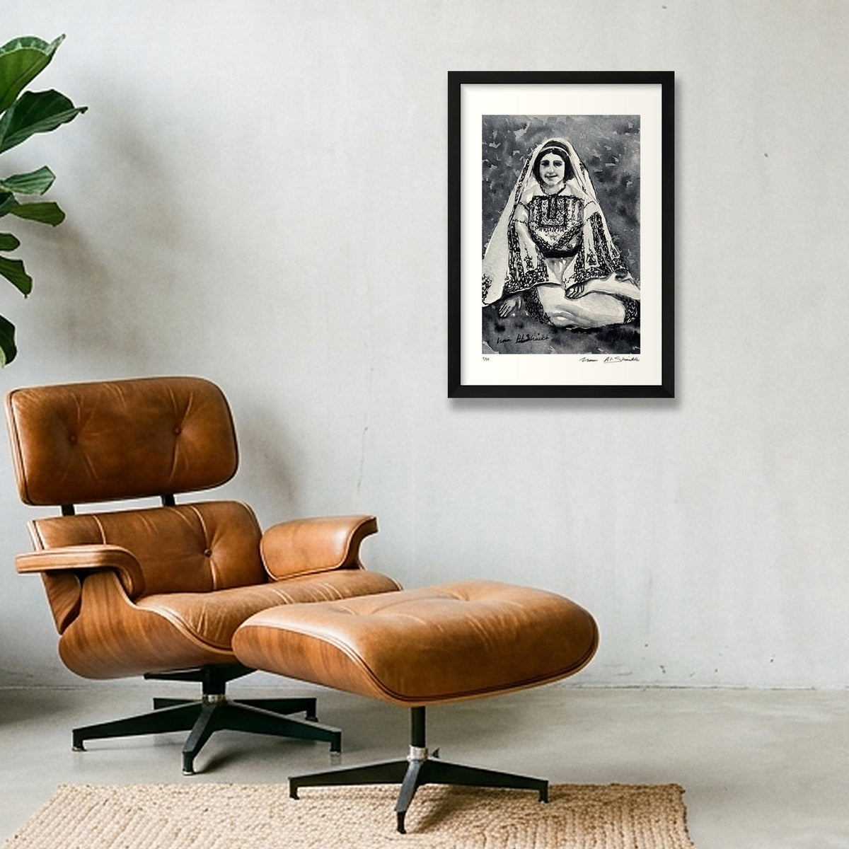 Traditional Palestinian Thobe 10 | Black & White — 30×45cm, 12×18" Black Frame