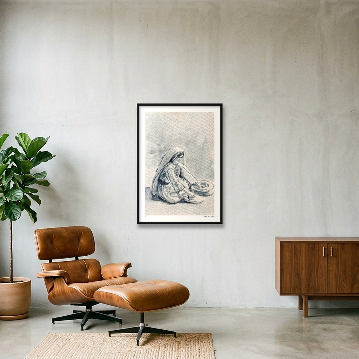 Traditional Palestinian Thobe 06 | Black & White — 70×100cm, 28×39" Black Frame