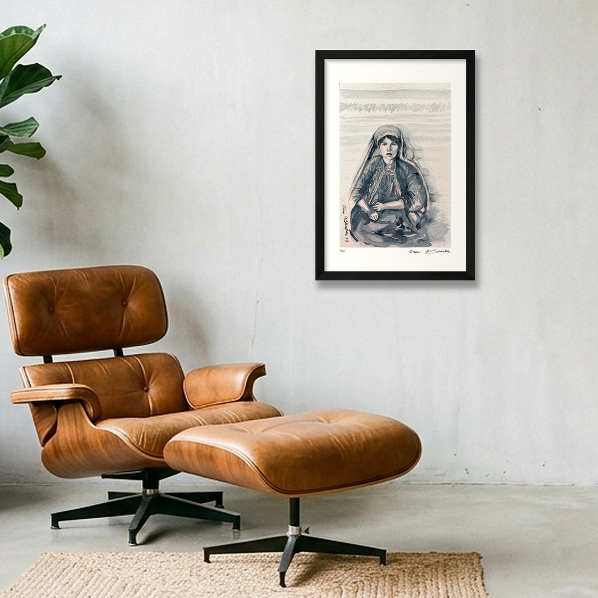 Traditional Palestinian Thobe 05 | Black & White — 30×45cm, 12×18" Black Frame