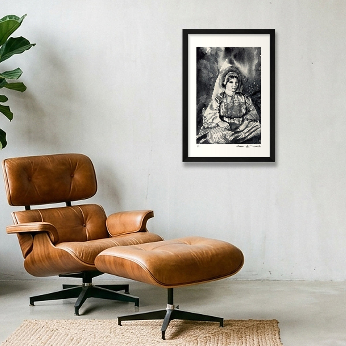 Traditional Palestinian Thobe 08 | Black & White — 30×45cm, 12×18" Black Frame